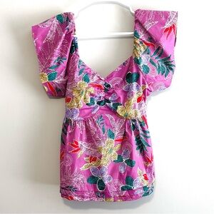 Boutique Floral Print Sweetheart Flutter Sleeve Blouse
